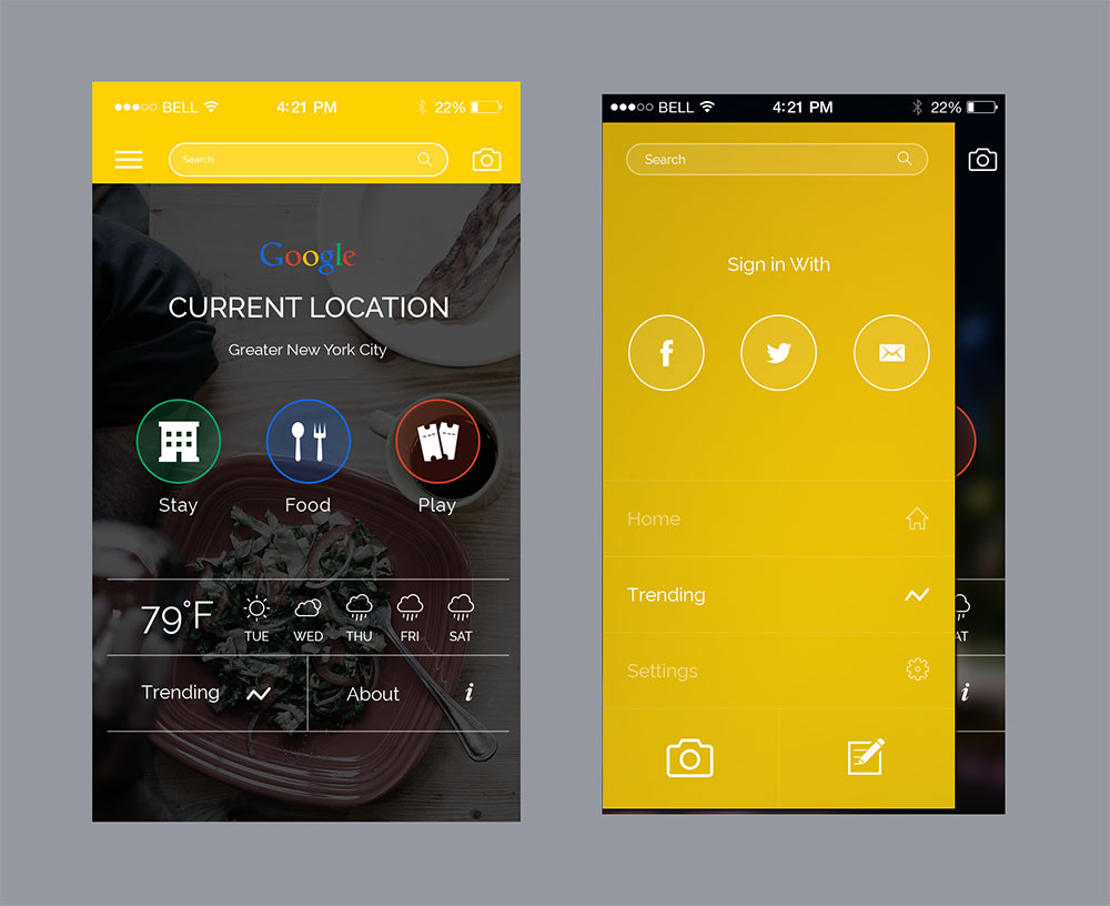 Mobile weather and navigation app interface.